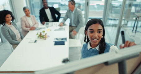 Leinwandbilder - Coaching, presentation and writing with business woman in meeting for workshop, brainstorming and public relations. Clients, project management and media campaign with people in office for proposal