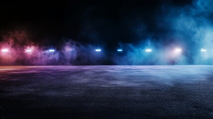 Aufkleber - Mysterious dark street with wet asphalt reflective neon lights, atmospheric abstract blue background with spotlights, and smoky interior perfect for product displays or cinematic scenes