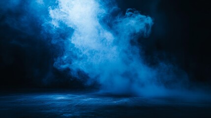Aufkleber - Mysterious dark street with wet asphalt reflective neon lights, atmospheric abstract blue background with spotlights, and smoky interior perfect for product displays or cinematic scenes