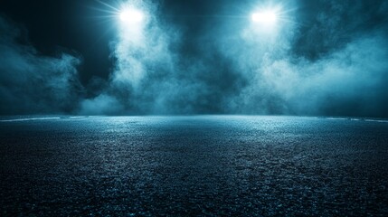 Wall Mural - Mysterious dark street with wet asphalt reflective neon lights, atmospheric abstract blue background with spotlights, and smoky interior perfect for product displays or cinematic scenes