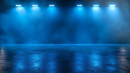 Aufkleber - Mysterious dark street with wet asphalt reflective neon lights, atmospheric abstract blue background with spotlights, and smoky interior perfect for product displays or cinematic scenes
