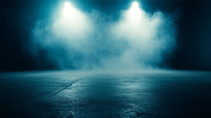 Aufkleber - Mysterious dark street with wet asphalt reflective neon lights, atmospheric abstract blue background with spotlights, and smoky interior perfect for product displays or cinematic scenes