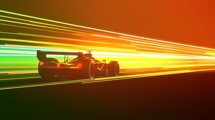 Poster - dynamic light motion background with car silhouette in vector style, featuring vibrant streaks of ne