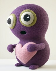 cute fluffy purple monster toy holding a heart with big eyes