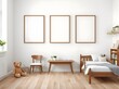 © Murtaza Nauman - scandinavian children room, three blank wooden frames on white wall, wooden floor, dark wooden furniture, bed, table, bookshelf, teddy bear, cozy design