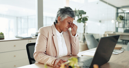 Poster - burnout, headache and mature businesswoman in office with laptop for stock market crash with finance