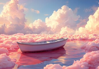 Poster - Boat sails on a pink sea, surrounded by white clouds and cotton candy clouds floating in the blue sky. Soft tones of light red and orange, creating an atmosphere full of romance and tranquility.