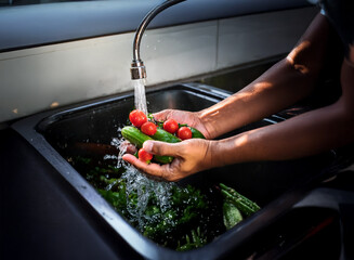 Poster - Hands gently wash cherry tomatoes and cucumbers under running water in a stainless steel sink. Fresh produce is cleaned before preparation.