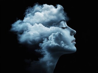 Poster - A woman's face made of clouds, surreal, against a black background, with a dreamy mood, in profile view, with soft lighting, ethereal cloud shapes, and soft blue and gray colors