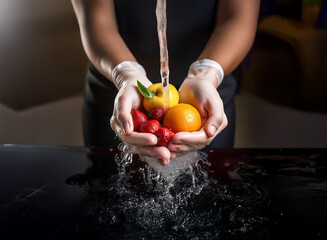 Poster - Two hands in gloves gently cradle assorted fruits under a stream of water.  The vibrant colors and glistening droplets emphasize freshness and cleanliness.