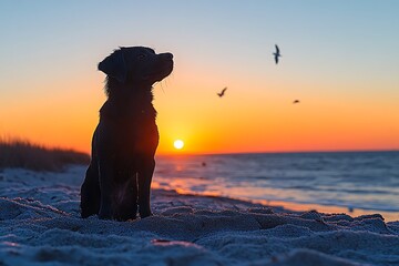 Wall Mural - Black labrador dog silhouette on the beach at sunset