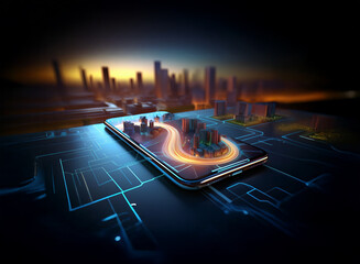 Aufkleber - A futuristic cityscape miniature rests on a smartphone, displayed against a blurred city backdrop.  The scene evokes technological advancement and urban planning.