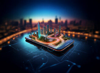Poster - A miniature cityscape sits atop a smartphone, illuminated roads winding through skyscrapers.  The phone rests on a reflective surface, suggesting a digital connection to a larger metropolis in the blu