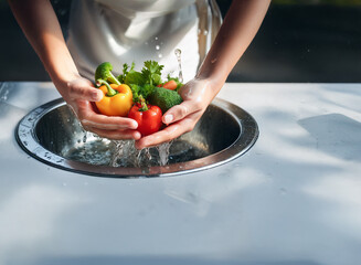 Poster - Hands gently washing colorful vegetables bell peppers, broccoli, carrots, and tomatoes under running water in a stainless steel sink.  Clean, fresh, and healthy.