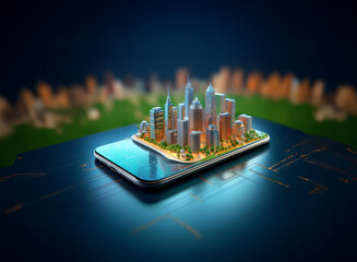 Aufkleber - a miniature metropolis rests on a smartphone, symbolizing mobile technology's impact on urban life a