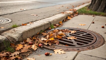 Poster - A grate is covered in leaves and acorns