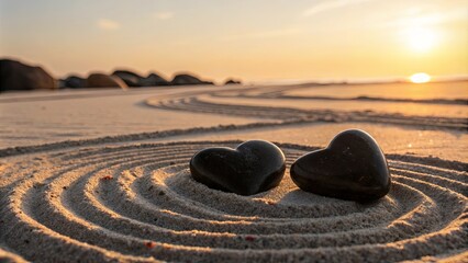 Aufkleber - Two black rocks are placed in a circle on the sand