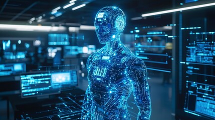 Poster - Artificial intelligence humanoid in sci-fi hub futuristic lab digital art high-tech environment close-up view innovation