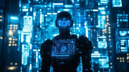 Leinwandbilder - Illuminated robot silhouette in futuristic cityscape digital artwork sci-fi theme blue neon lights dramatic perspective