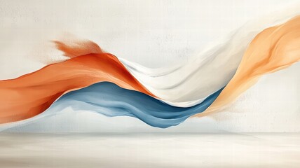 Poster - A flowing abstract design featuring soft waves of orange, blue, and cream colors, evoking a sense of tranquility and movement.