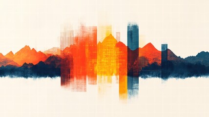 Poster - A vibrant abstract cityscape with warm colors blending into silhouettes of buildings and mountains, evoking a sense of urban energy and natural beauty.
