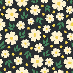 Wall Mural - White and yellow stylized flowers and green leaves on black background. Vector seamless pattern. 