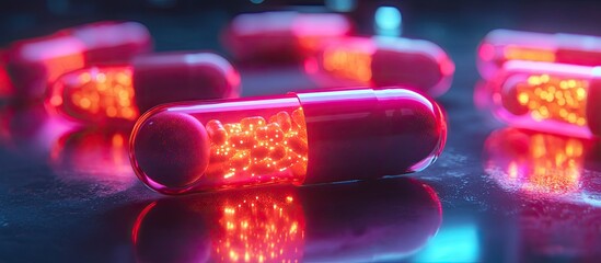 Wall Mural - glowing capsules filled with red microspheres on a reflective surface.