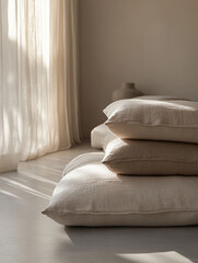 Wall Mural - Neutral pillows on the floor in soft sunlight