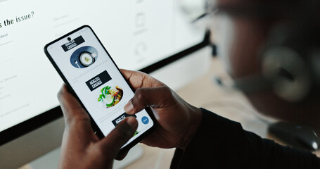 Aufkleber - Hands, phone screen and app for food delivery at office, call center and online order with ecommerce at night. Person, smartphone and ux on mobile app with choice, overtime or telemarketing at agency