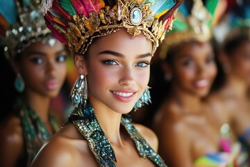 Beautiful dancers wearing traditional colorful feathered headdresses are smiling during brazilian carnival celebrations