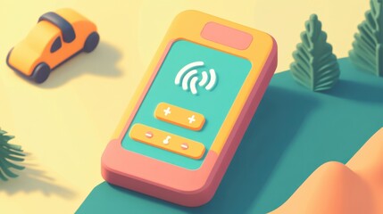 A colorful, stylized remote control on a landscape, suggesting technology and transport.