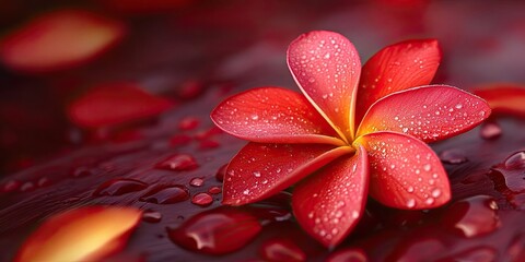 Poster - Exquisite red frangipani flower showcasing vibrant petals, perfect for highlighting the beauty of nature. This stunning red frangipani flower captivates with its rich hues and elegant design.