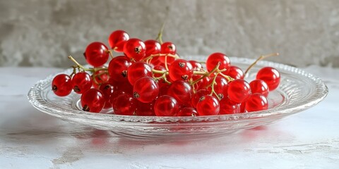 Poster - Closeup of red currant arranged on a glass plate, showcasing the vibrant color and texture of red currant against a bright rustic background for a fresh and inviting look.