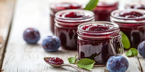 Aufkleber - Plum jam neatly stored in jars, accompanied by a spoon, creates a rustic display on a white wooden table, highlighting the rich color and texture of homemade plum jam.