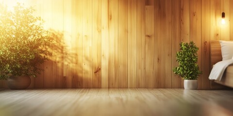 Leinwandbilder - Defocused abstract background showcasing a wooden wall in a bedroom setting, highlighting the unique textures and colors of the wooden wall, creating an inviting and serene atmosphere.