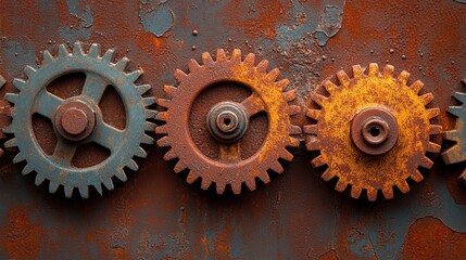 Leinwandbilder - Rusty gears rotating on a weathered metal surface
