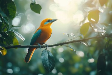 Wall Mural - Orange-breasted trogon perching on a branch in tropical forest enjoying sunlight