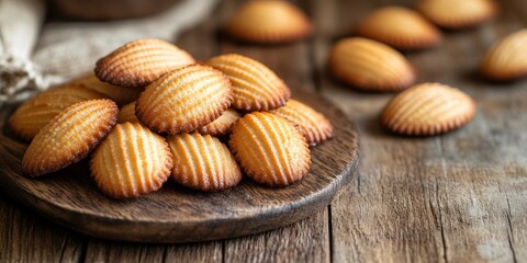 Poster - Delicious French dessert biscuits, known as Madeleine cookies, create a delightful sweet meal or snack, perfectly arranged on a rustic table with ample copy space for an appealing food background.