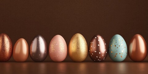 Poster - Chic Easter eggs beautifully arranged on a brown background, showcasing the elegance and creativity of stylish Easter eggs in a festive display. Perfect for your Easter themed projects.