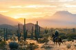 © Lubos Chlubny - Cowboy riding horse at sunset in arizona desert landscape with saguaro cacti