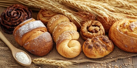 Poster - Different varieties of bakery items arranged artfully alongside a wooden spoon, all set against a backdrop of wheat, showcasing the essence of bakery creations.