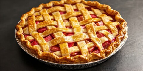 Poster - Freshly baked rhubarb pie straight from the oven showcases delicious homemade rhubarb pie with a classic lattice style crust, perfect for dessert lovers who appreciate rhubarb pie.