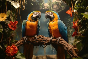 Wall Mural - Two blue-and-yellow macaws perched on branch in lush tropical setting