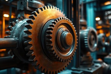 Poster - Close-up of industrial gears rotating in a complex machinery system