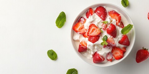 Poster - Unidentified individual enjoying dessert featuring strawberries and cream on a clean white backdrop, highlighting the delightful presentation of strawberries and cream in the dish.