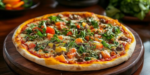 Poster - Delicious vegetarian pizza served on a wooden board creates an inviting scene. This tasty vegetarian pizza offers a closeup view of fresh ingredients and vibrant flavors for pizza lovers.