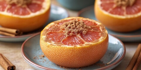 Wall Mural - Baked grapefruit topped with brown sugar and cinnamon presented on a saucer, showcasing the delicious combination of baked grapefruit for a delightful dessert experience.