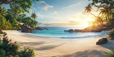 Poster - Panoramic landscape view showcasing a sandy beach with sunlight, highlighting the allure of a tropical luxury hotel resort experience on the pristine shoreline.