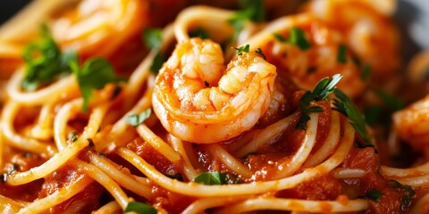 Poster - Closeup view of savory shrimp spaghetti featuring a rich tomato sauce and fresh parsley, highlighting the essence of delightful shrimp spaghetti in Italian cuisine.