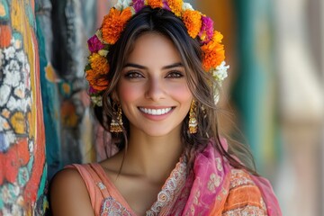 Beautiful smiling woman wearing flower crown and traditional indian dress